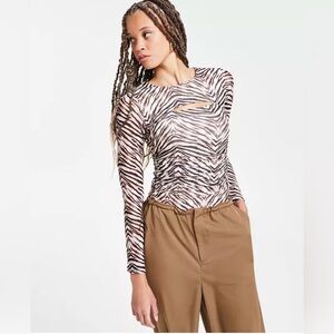 Bar lll Brown and Beige Zebra Patterned Long Sleeve Bodysuit
